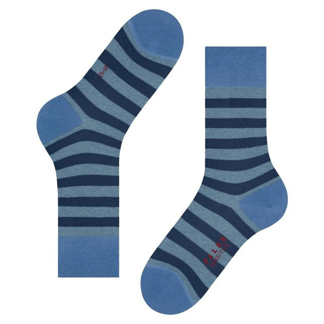 Falke Sens Mapped Lin SO 12438 herensokken in blauw met licht- en donkerblauwe strepen, effen boord, hiel en teen. - Jambelles