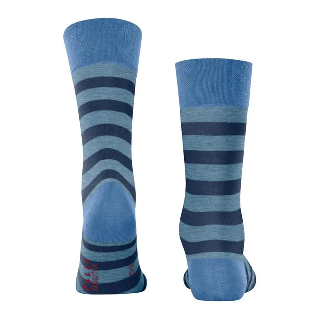 Falke Sens Mapped Lin SO 12438 herensokken in blauw met licht- en donkerblauwe strepen, voor- en achteraanzicht. - Jambelles