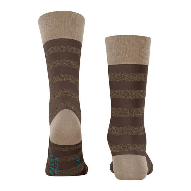 Twee Falke Sens Mapped Lin SO 12438 herensokken in bruin en taupe met gemêleerde strepen en contrasterende hiel en boord. - Jambelles