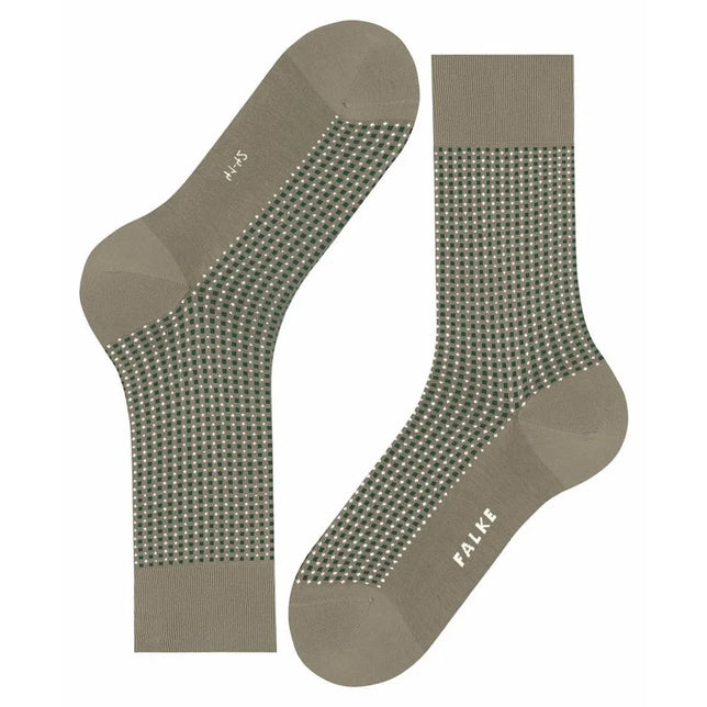 Taupe Falke herensokken Uptown Tie SO 12437 met groen-wit ruitpatroon en effen boord, hiel en teen. - Jambelles