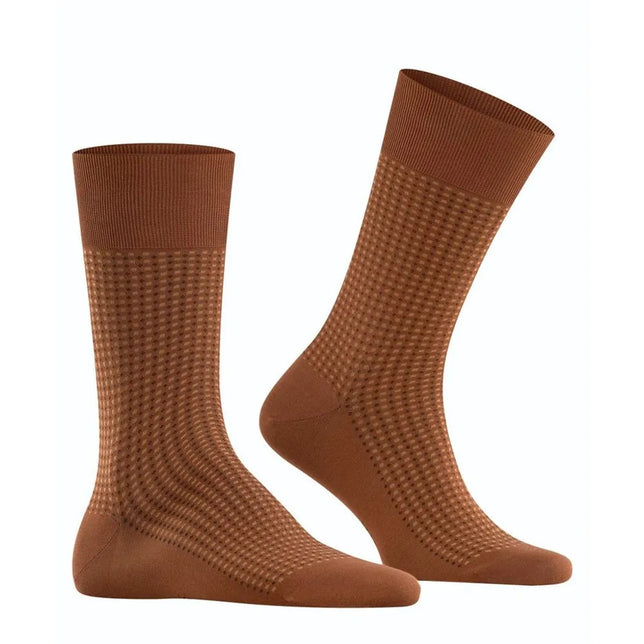 Paar bruine Falke herensokken Uptown Tie SO 12437 met fijn lichtbruin ruitpatroon en effen boord, hiel en teen - Jambelles