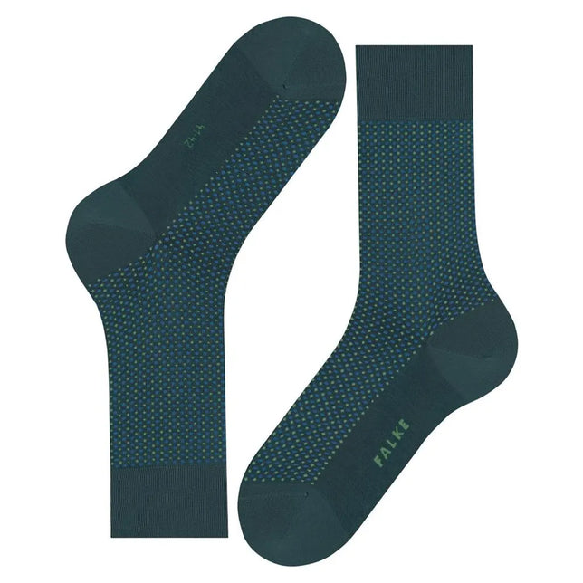 Falke Uptown Tie SO 12437 herensokken in donkergroen met fijn blauw-groen stippenpatroon, één sok met zool zichtbaar. - Jambelles