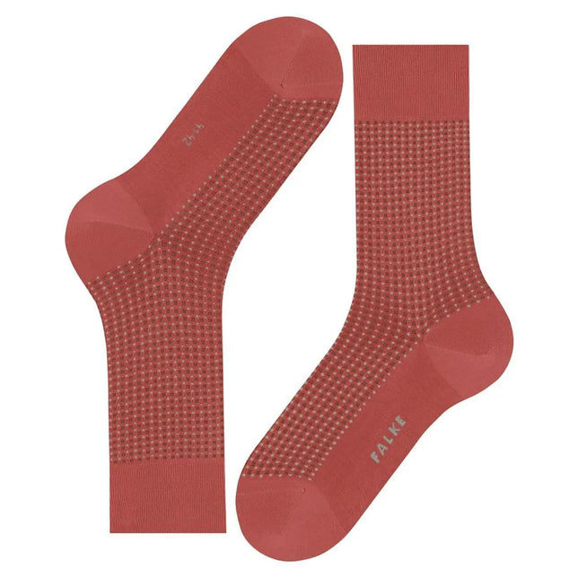 Paar Falke herensokken Uptown Tie SO 12437 in koraalrood met fijn beige ruitpatroon en effen boord, hiel en teen - Jambelles