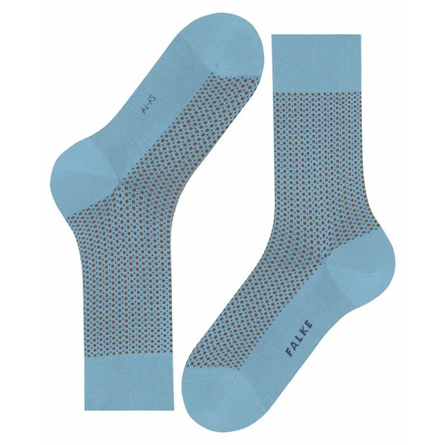 Falke Heren Sokken Uptown Tie SO 12437 in lichtblauw met fijn bruin-blauw ruitpatroon en effen boord, hiel en teen. - Jambelles