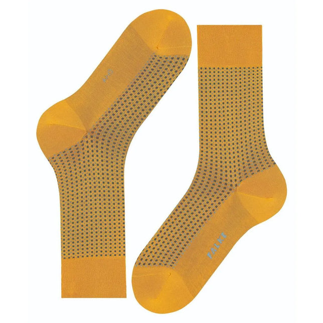 Falke heren sokken Uptown Tie SO 12437 in okergeel met fijne grijze vierkantjes en effen boord, hiel en teen - Jambelles