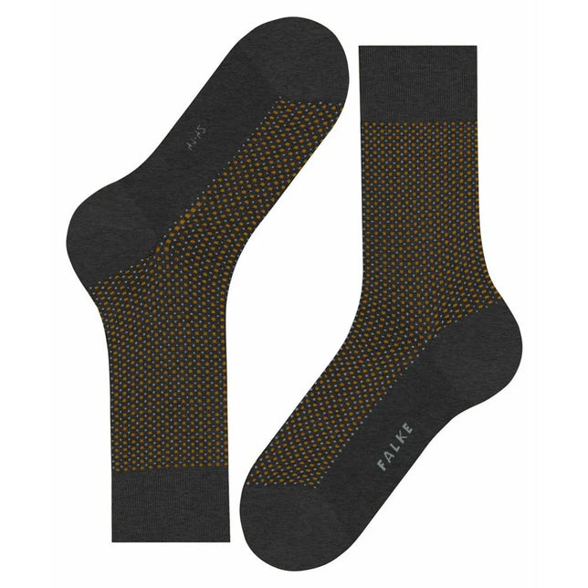 Falke Uptown Tie SO 12437 herensokken in donkergrijs met fijne okergele stippen en effen boord, hiel en teen. - Jambelles