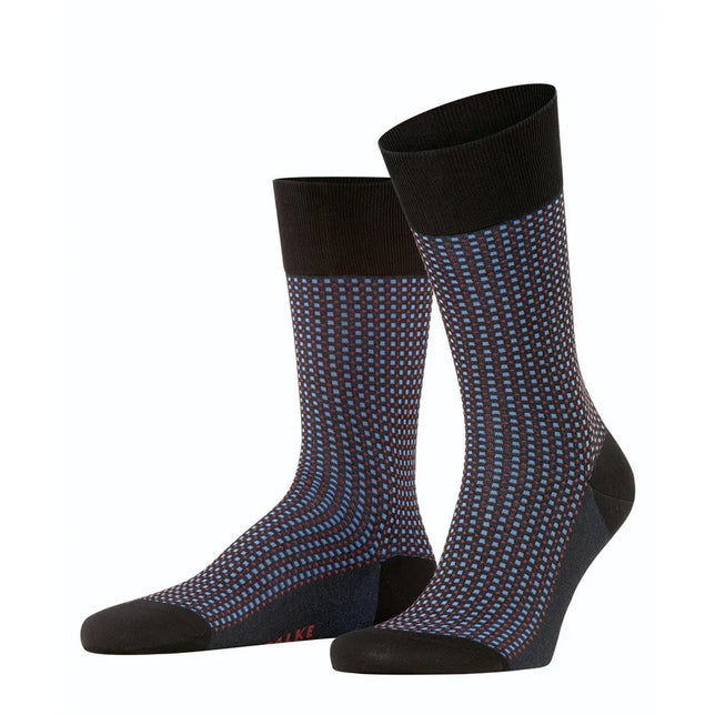 Falke herensokken Uptown Tie SO 12437 in donkerblauw met rood-blauw ruitpatroon en zwarte boord, hiel en teen - Jambelles
