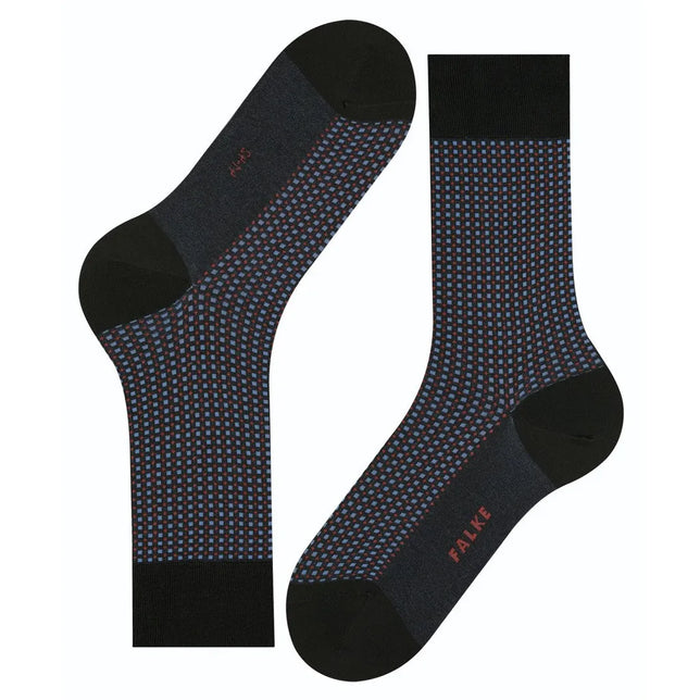 Falke heren sokken Uptown Tie SO 12437 in donkerblauw met rood-blauw ruitpatroon en zwarte boord, hiel en teen. - Jambelles