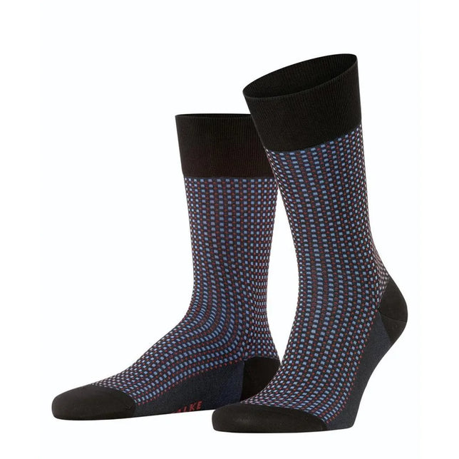 Falke Heren Sokken Uptown Tie SO 12437 in zwart met blauw-rood ruitpatroon en zwarte boord, teen en hiel. - Jambelles