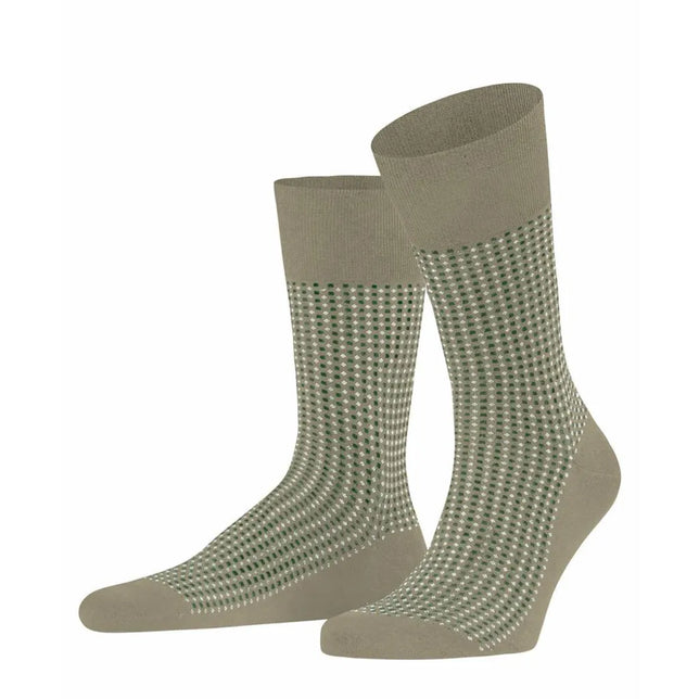 Falke Uptown Tie SO 12437 herensokken in khaki met groen-wit geometrisch patroon en effen boord, hiel en teen. - Jambelles