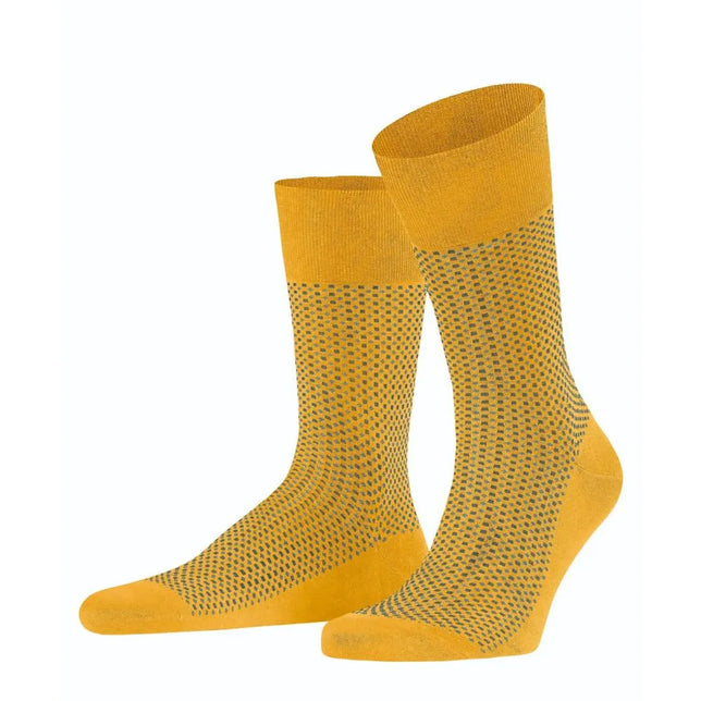 Falke heren sokken Uptown Tie SO 12437 in okergeel met fijn grijs geometrisch stippenpatroon. - Jambelles