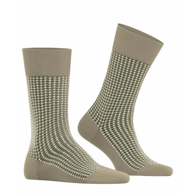 Falke heren sokken Uptown Tie SO 12437 in beige met groen-wit stippenpatroon en effen boord, hiel en teen. - Jambelles