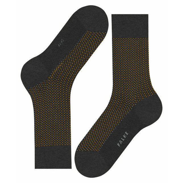Falke Uptown Tie herensokken in donkergrijs met okergeel stippenpatroon en effen boord, teen en hiel. - Jambelles