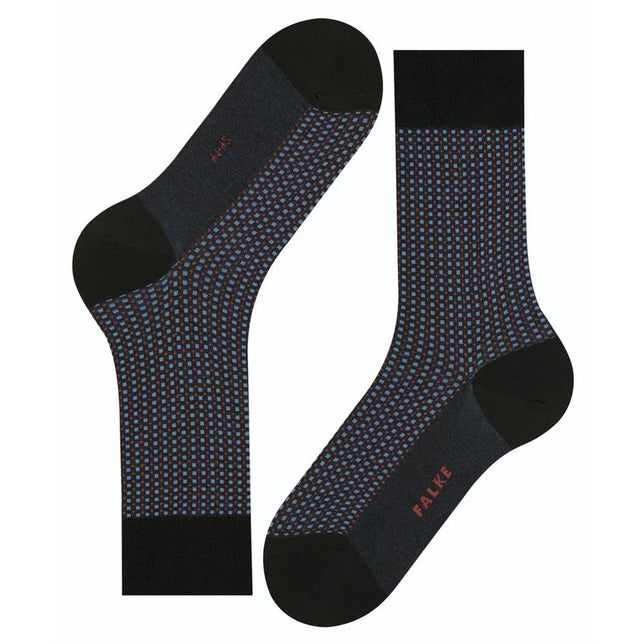 Falke heren sokken Uptown Tie SO 12437 in donkerblauw met rood-blauw ruitpatroon en zwarte boord, hiel en teen. - Jambelles