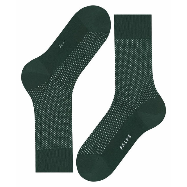 Paar donkergroene Falke herensokken Uptown Tie SO 12437 met licht stippenpatroon en effen boord, hiel en teen. - Jambelles