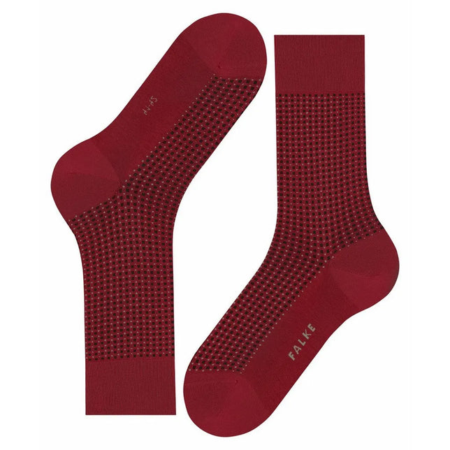 Falke Uptown Tie SO 12437 herensokken in bordeauxrood met fijn zwart vierkantjespatroon en logo. - Jambelles