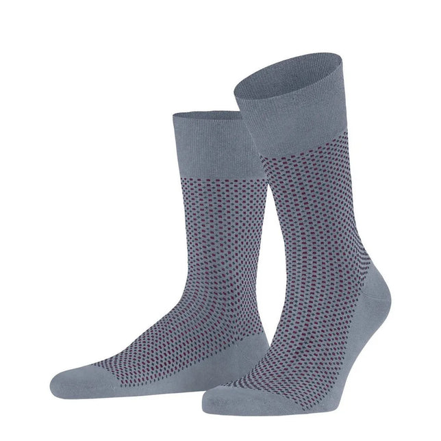 Falke Heren Sokken Uptown Tie SO 12437 in grijs met fijn paars stippenpatroon en effen boord, teen en hiel. - Jambelles