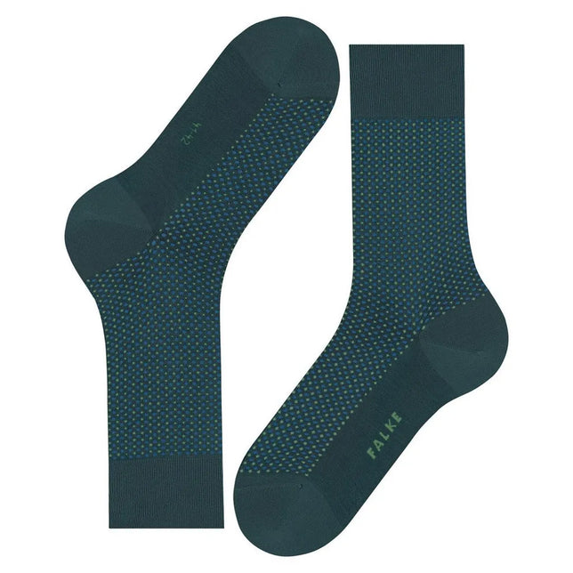Falke Uptown Tie SO 12437 herensokken in donkergroen met fijn blauw-groen stippenpatroon en effen boord, hiel en teen. - Jambelles