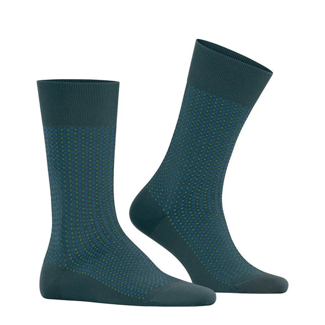 Falke heren sokken Uptown Tie SO 12437 in donkergroen met fijn blauw-groen geometrisch stippenpatroon. - Jambelles