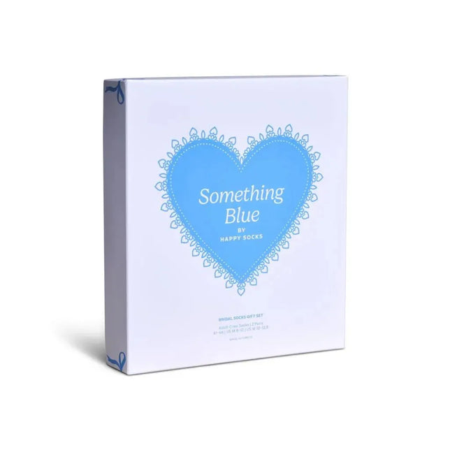 Witte Happy Socks Bridal 2-pack sokkengeschenkdoos met blauw kanten hart en de tekst Something Blue. - Jambelles