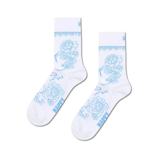 Happy Socks Bridal 2-pack witte short crew sokken met lichtblauwe bloemen en sierlijke rand - Jambelles