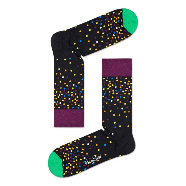 Happy Socks dames- en herensokken in zwart met kleurrijke confettistippen, paarse boorden en groene tenen. - Jambelles