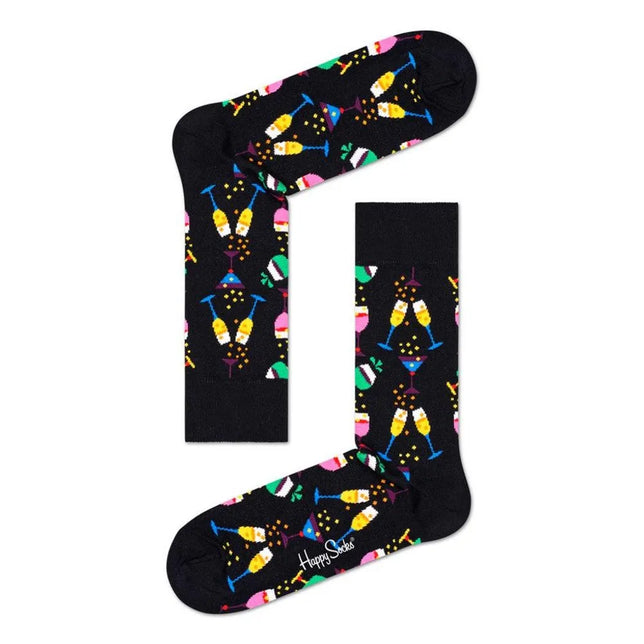 Zwarte Happy Socks fantasiesokken uit de Celebrations 3-pack met champagneglazen, feesthoedjes en kleurrijke confetti. - Jambelles