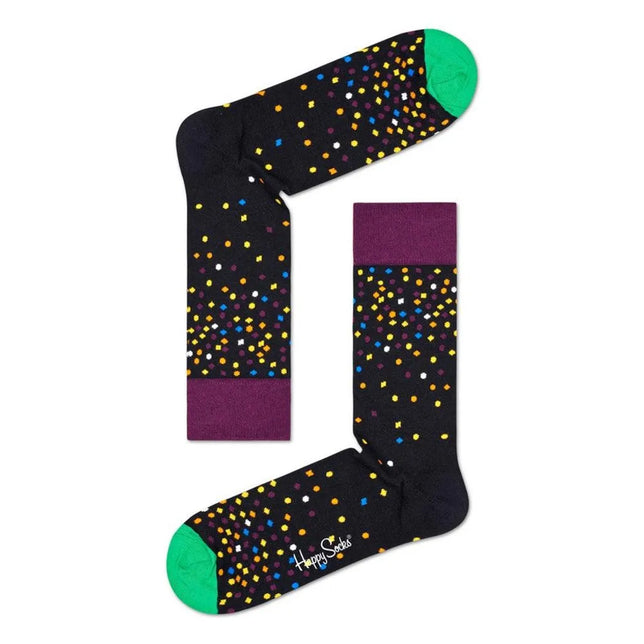 Happy Socks fantasiesokken in zwart met kleurrijk confettipatroon, groene tenen en paarse boorden. - Jambelles