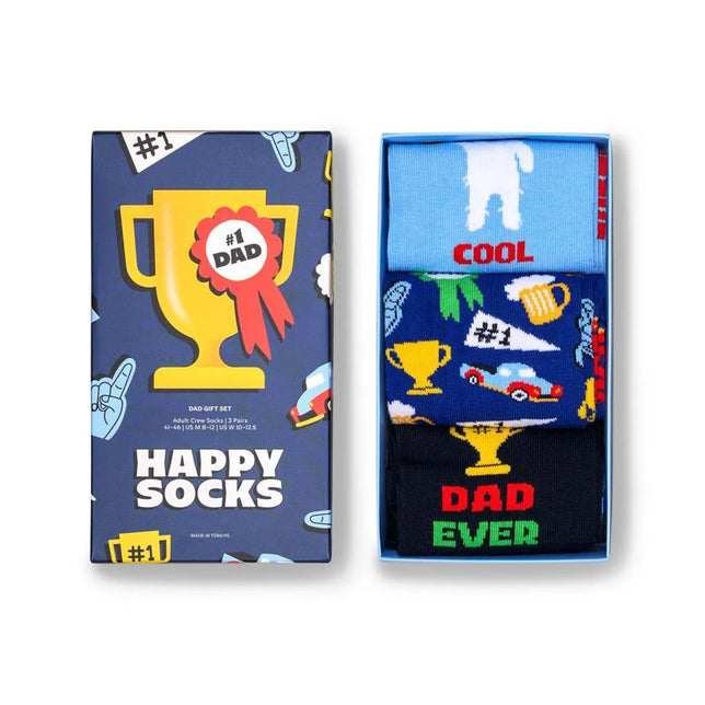 Happy Socks Dad Socks Gift Set met 3 blauwe en zwarte fantasiesokken met Cool, Dad Ever, trofeeën en raceauto's. - Jambelles