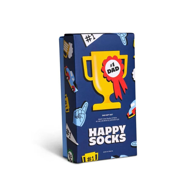 Donkerblauwe Happy Socks Dad Socks Gift Set met 3 paar sokken, bedrukt met gele trofee, rode rozet en #1 Dad. - Jambelles
