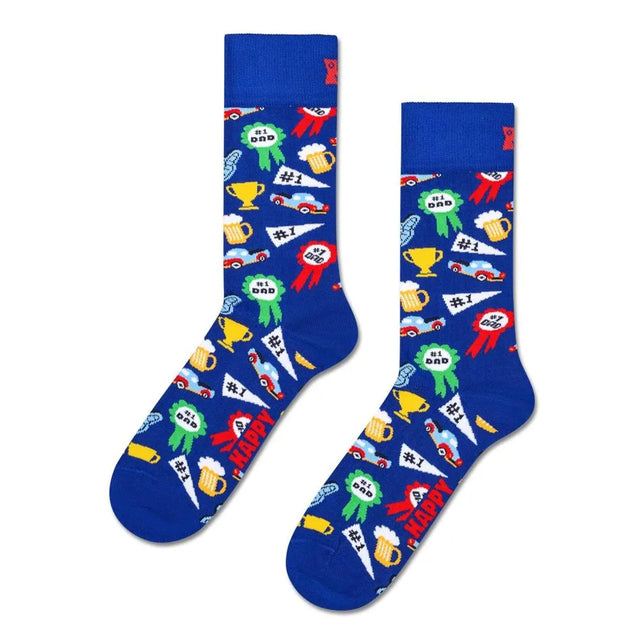 Blauwe Happy Socks fantasiesokken voor dames en heren met raceauto's, trofeeën, bierpullen en #1 Dad-rozetten. - Jambelles