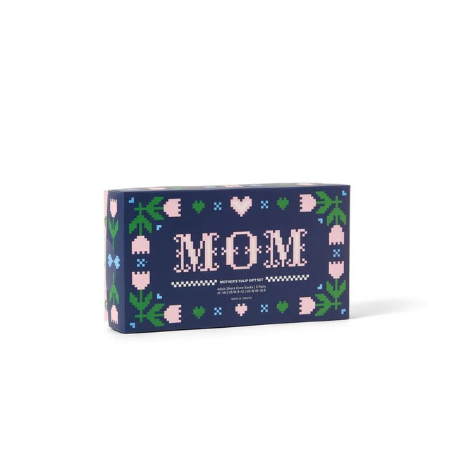 Donkerblauwe Happy Socks Mothers Tulip Gift Set met 3-pack sokken, roze tulpen, groene blaadjes en MOM-opdruk - Jambelles