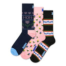 Paar roze Happy Socks fantasie sokken met rode, blauwe, gele en witte tulpen en blauw HAPPY-logo. - Jambelles