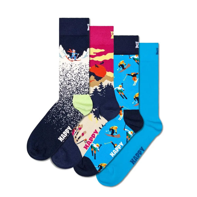 Happy Socks 4-pack dames- en herensokken in blauw en marineblauw met skiërs, snowboarder en berglandschap. - Jambelles