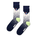 Happy Socks fantasiesokken in roze en donkerblauw met bergen, dennenbomen, oranje zon, vogels en Happy-tekst - Jambelles