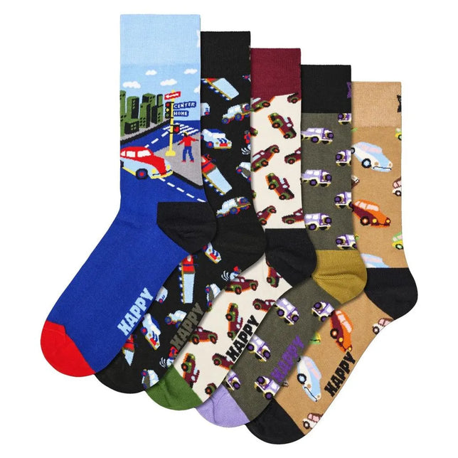 Happy Socks 5-pack multicolor fantasiesokken voor dames en heren met auto's en een stadsstraatmotief. - Jambelles
