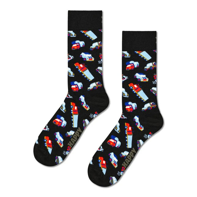 Zwarte Happy Socks fantasie sokken voor dames en heren met kleurrijke auto's en vrachtwagens. - Jambelles