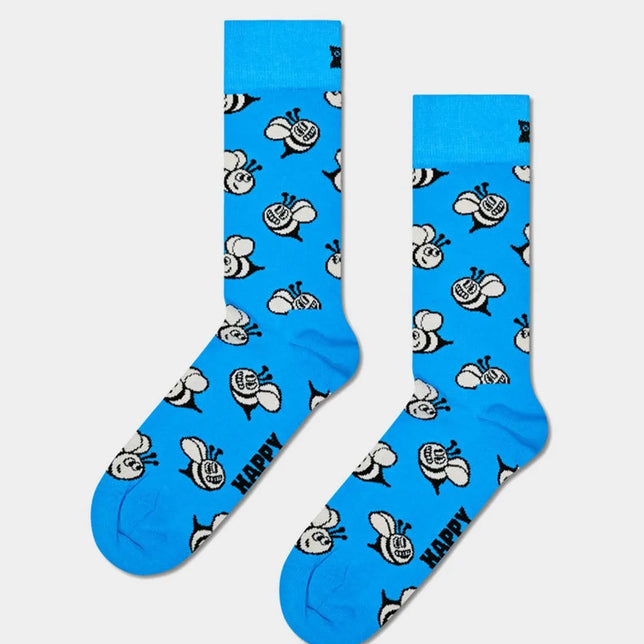 Blauwe Happy Socks Bee Sock fantasiekousen voor dames en heren met zwart-witte bijenprint. - Jambelles