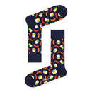 Happy Socks Beer and Sausage sokken in donkerblauw met kleurrijke bierglazen en worstjes, gedragen met jeans en loafers. - Jambelles