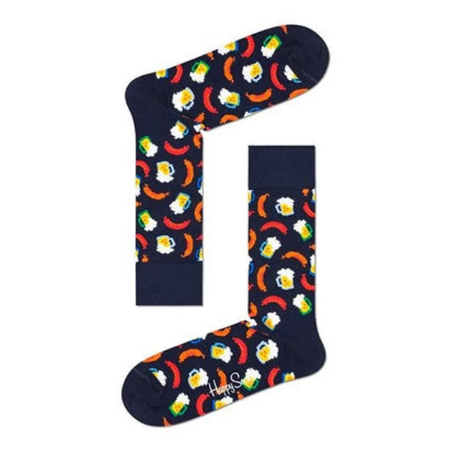 Happy Socks Beer and Sausage fantasie sokken in donkerblauw met kleurrijke bierglazen en rode en oranje worstjes. - Jambelles