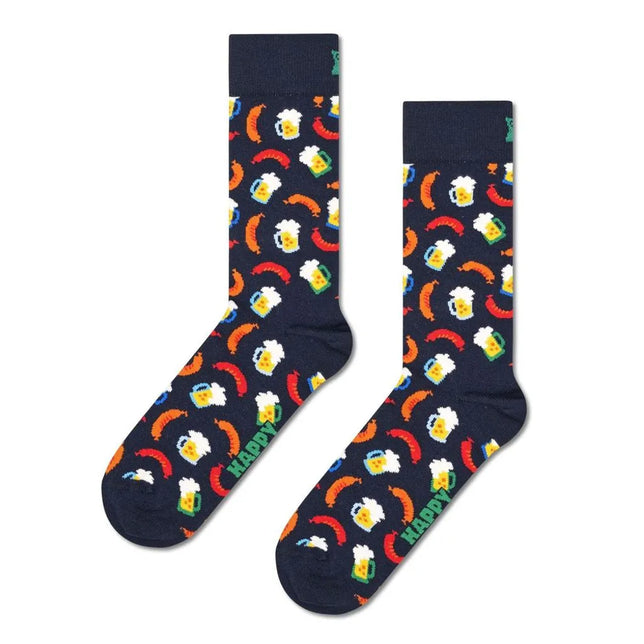 Donkerblauwe Happy Socks fantasie sokken met bierpullen en rode en oranje worstjes. - Jambelles