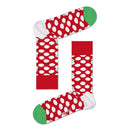 Happy Socks Big Dot Snowman rode sokken met grote witte stippen en sneeuwpoppen, gedragen in bruine sneakers. - Jambelles