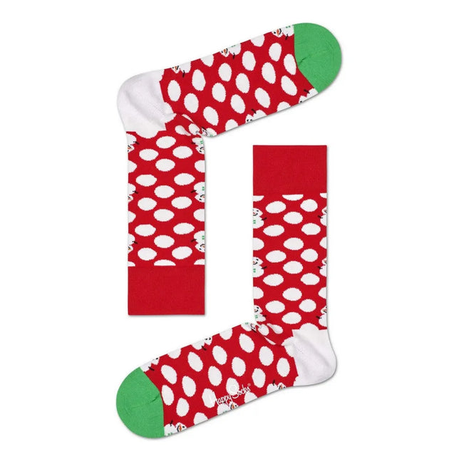 Happy Socks Big Dot Snowman sokken in rood met witte stippen en sneeuwpoppen, groene tenen, witte hielen en rode boorden - Jambelles