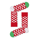 Happy Socks Big Dot Snowman rode sokken met grote witte stippen en sneeuwpoppen, gedragen in bruine sneakers. - Jambelles