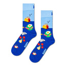 Happy Socks Brunch fantasie sokken voor dames en heren, blauw met broodrooster, ei, bacon, koffie, bloemen en krant. - Jambelles