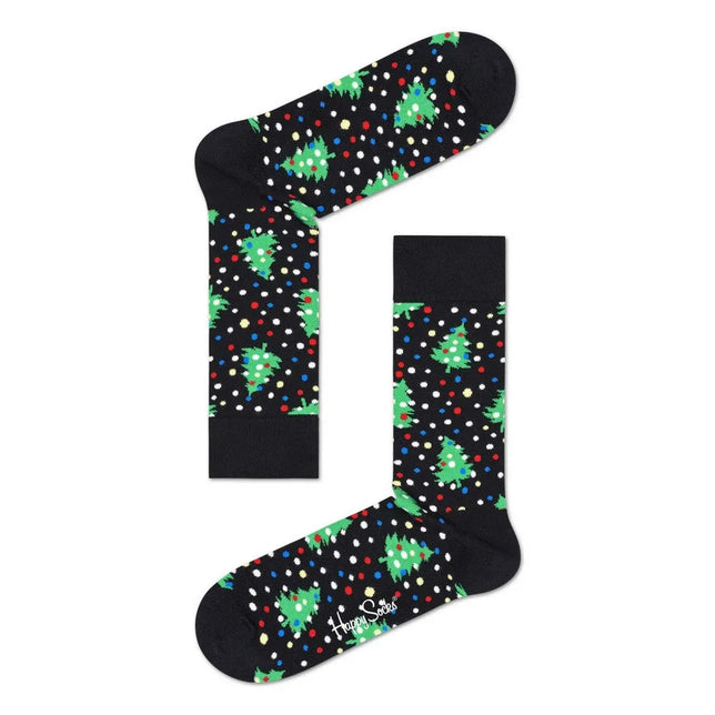 Happy Socks Christmas Night sokken in zwart met groene kerstbomen en kleurrijke stippen voor dames en heren. - Jambelles