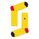 Happy Socks fantasiesokken voor dames en heren, geel met rode hielen, donkerblauwe tenen en geborduurde smiley. - Jambelles