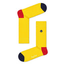 Happy Socks fantasiesokken voor dames en heren, geel met rode hielen, donkerblauwe tenen en geborduurde smiley. - Jambelles