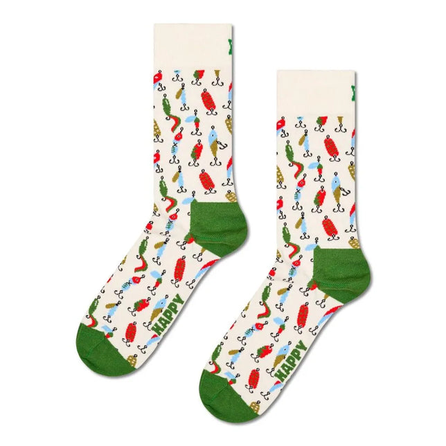 Happy Socks Fishing Gear fantasie sokken in crème met kleurrijke kunstaasprint en groene tenen en hielen. - Jambelles