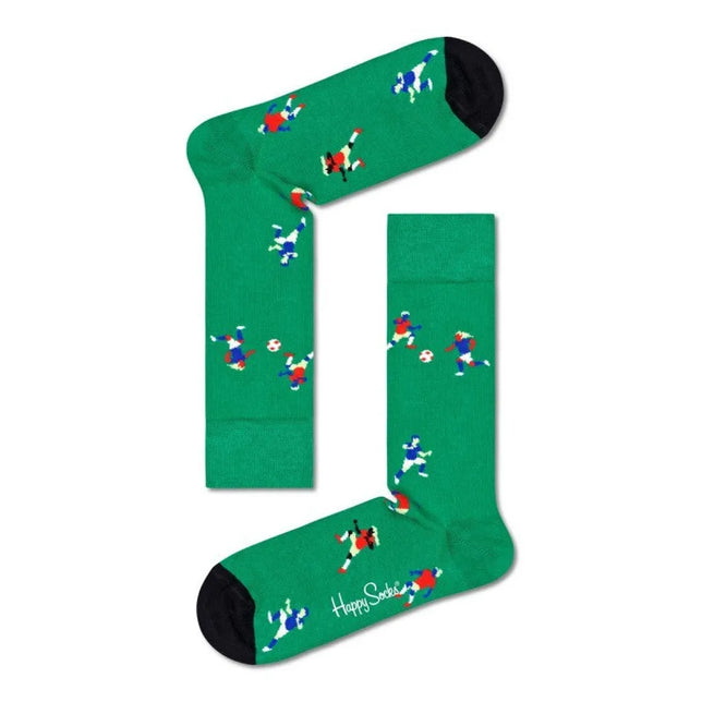 Groene Happy Socks Football sokken voor dames en heren met kleurrijke voetballers, voetballen en zwarte tenen. - Jambelles